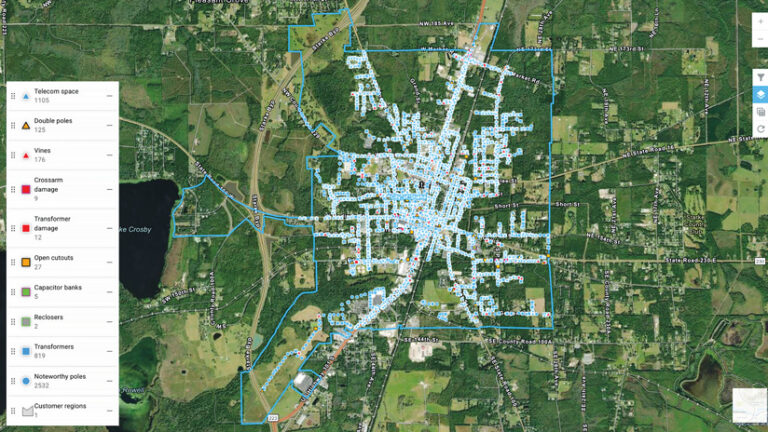 A screenshot of mapping software showing a utility grid over a satellite image of a town. A legend on the left lists asset and issue types with their counts.