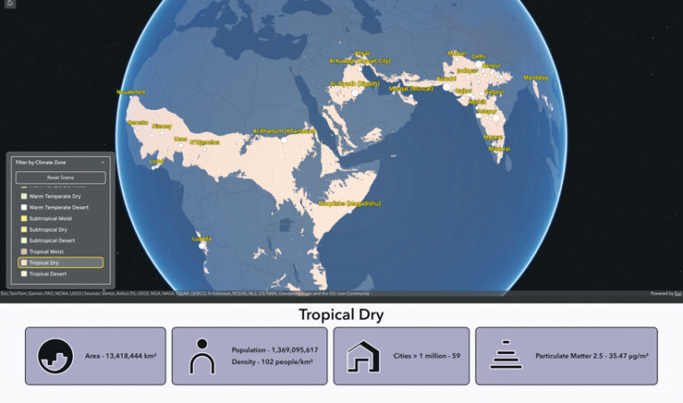A world map centered on Africa and Asia highlights the "Tropical Dry" climate zone. Below, statistics show the area, population, cities with over 1 million people, and average particulate matter.