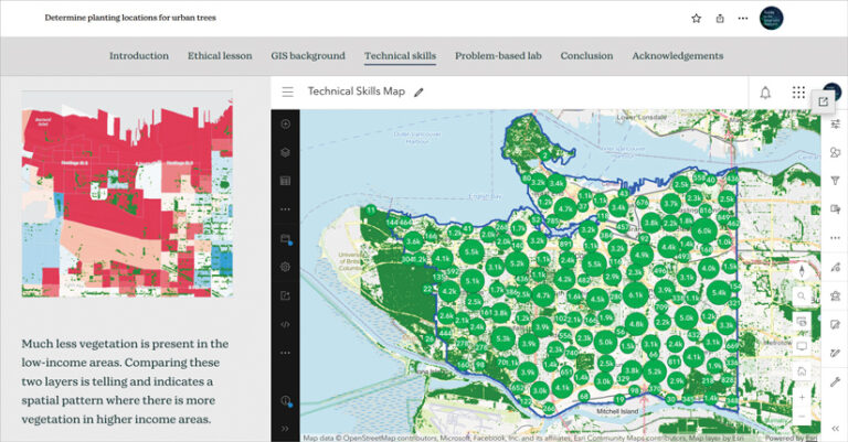 A screenshot of a webpage titled "Determine planting locations for urban trees." The left panel shows a map and text noting less vegetation in low-income areas. The right panel displays a city GIS map with green circles indicating vegetation.