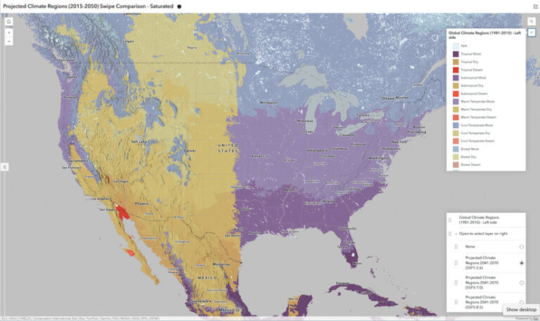 Screenshot of an interactive map titled "Projected Climate Regions (2015-2050) Swipe Comparison," displaying North America. The western US is shaded yellow and orange, while the eastern US is purple, indicating different climate zones. A legend on the right explains the color classifications.
