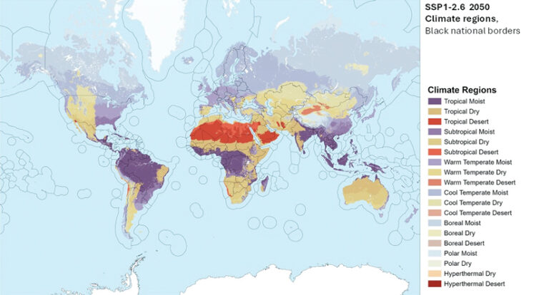 A color-coded world map displays projected climate regions for 2050 under the SSP1-2.6 scenario, with black national borders. A legend on the right defines regions such as Tropical and Subtropical.