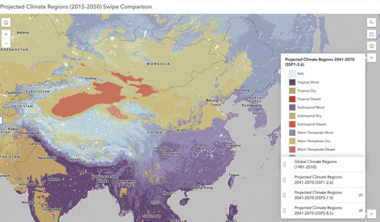 A map of Asia showing projected climate zones for 2041–2070.