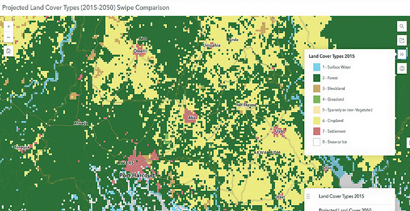 A land-cover map of Nigeria showing land-cover types from 2015, with the country mostly covered in yellow (cropland) and green (grassland) with some patches of pink (settlement).