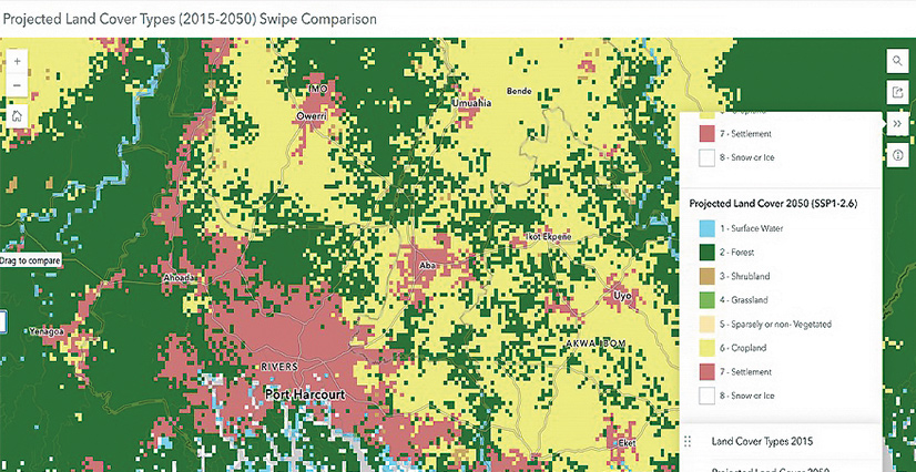 A land-cover map of Nigeria showing projected land-cover types for 2050. The country is mostly covered in yellow (cropland) with less green (grassland) and much more pink (settlement).
