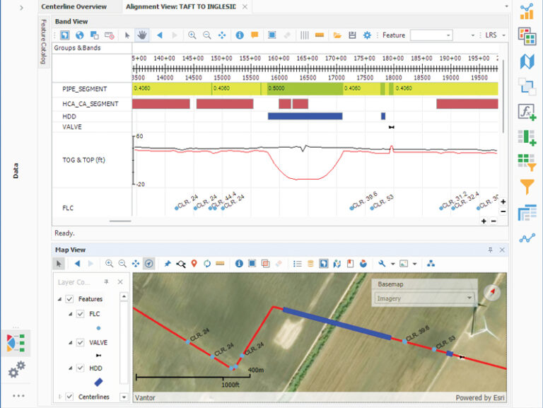 A screenshot of pipeline management software showing two panels. The top panel displays a linear alignment chart with data bands for pipe segments and a graph of pipeline elevation. The bottom panel shows a map with the pipeline route marked in red and blue on an aerial imagery background.