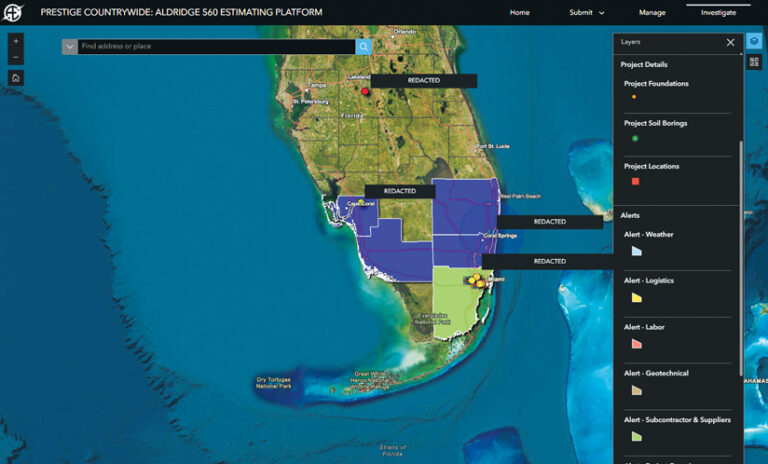 A screenshot of the Prestige Countrywide: Aldridge 560 Estimating Platform. The screen displays a map of Florida with large areas in southern Florida highlighted in purple and green. Several pop-up boxes labeled "Redacted" appear on the map. A layers panel on the right lists options for project details, locations, and alerts.