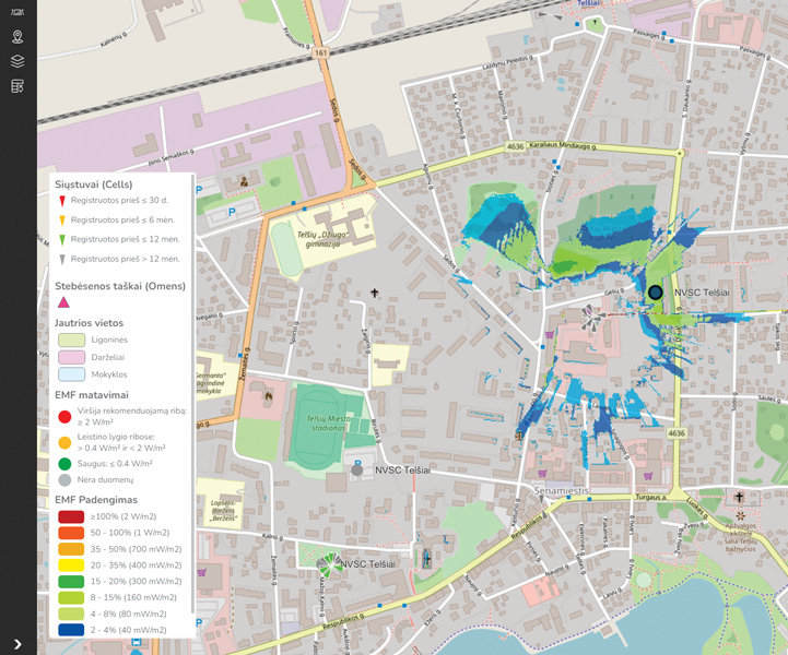A digital map of Telšiai, Lithuania, showing electromagnetic field (EMF) coverage with blue and green data overlays.