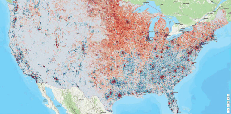 A dot density map of the United States with red dots concentrated in the Midwest and Great Plains, and blue dots clustered in the South, along the East and West Coasts, and in major cities.