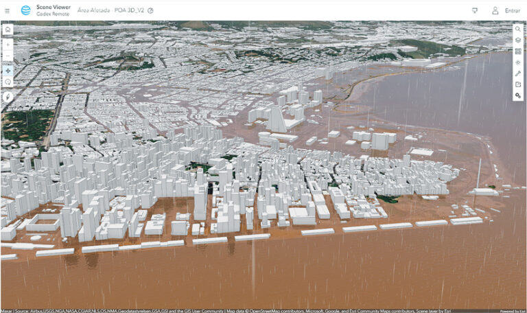 A 3D aerial view of a city with white, block-like buildings partially submerged in muddy brown floodwater covering the streets.