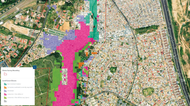 Aerial map of a residential area with color-coded overlays showing land cover types. A legend identifies colors as residential informal areas, herbaceous wetlands, and bare ground.