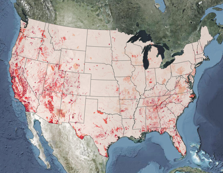 Map of the contiguous United States with red and orange patches showing critical species habitat. The darkest red areas are in California and the Western states, with other large patches in Florida, the Southeast, and along the East Coast.