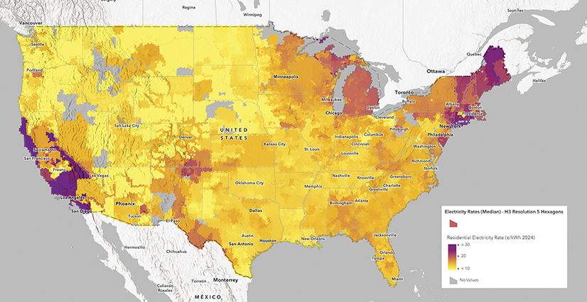 A map of the United States showing 2024 median residential electricity rates by state using H3 resolution 5 hexagons. Purple indicates the highest rates (over 30 cents per kWh); yellow indicates the lowest (under 10 cents per kWh).