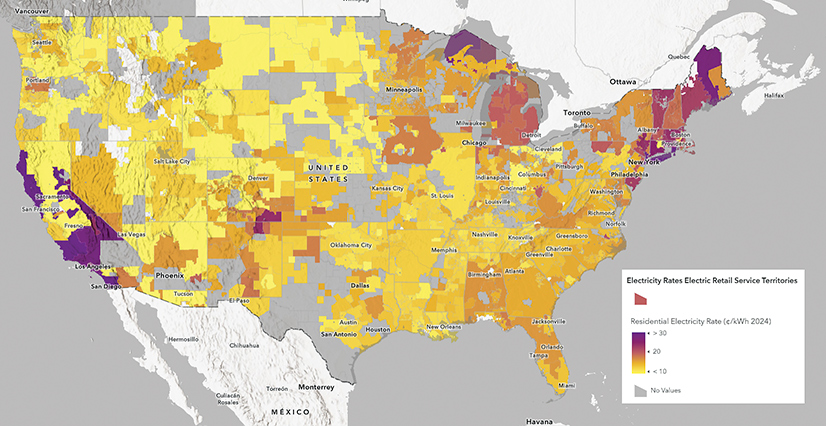 A map of the United States—made without hexagons—showing 2024 residential electricity rates by service territory. A color scale ranges from yellow (under 10 cents per kilowatt-hour) to orange and purple (over 30 cents). Highest rates appear in California and New England; lowest rates are in the central and northwestern states.