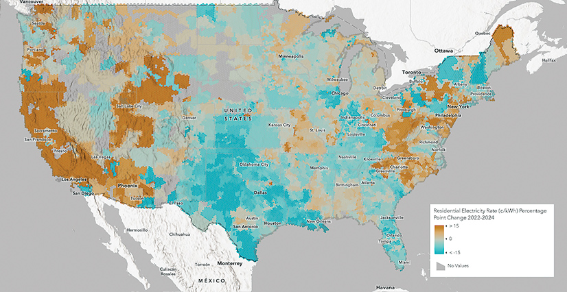 A map of the United States showing residential electricity rate changes from 2022 to 2024. Brown areas along the West Coast and in the Northeast indicate increases over 15 percentage points. Teal areas in Texas and central states indicate decreases over 15 percentage points.