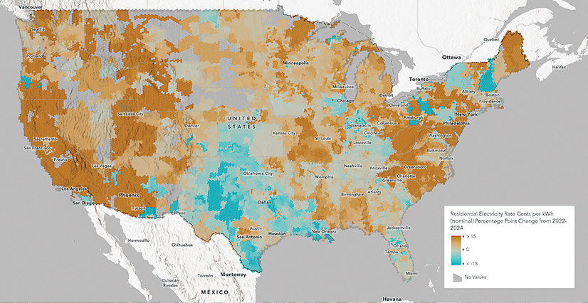 A map of the United States showing percentage point changes in residential electricity rates by state from 2022 to 2024, using shades of brown to indicate the changes.