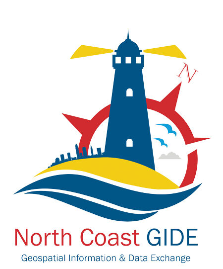North Coast GIDE logo showing a blue lighthouse on a yellow coast, with a city skyline, red compass rose, and blue waves. Below, the text reads: "North Coast GIDE, Geospatial Information & Data Exchange."