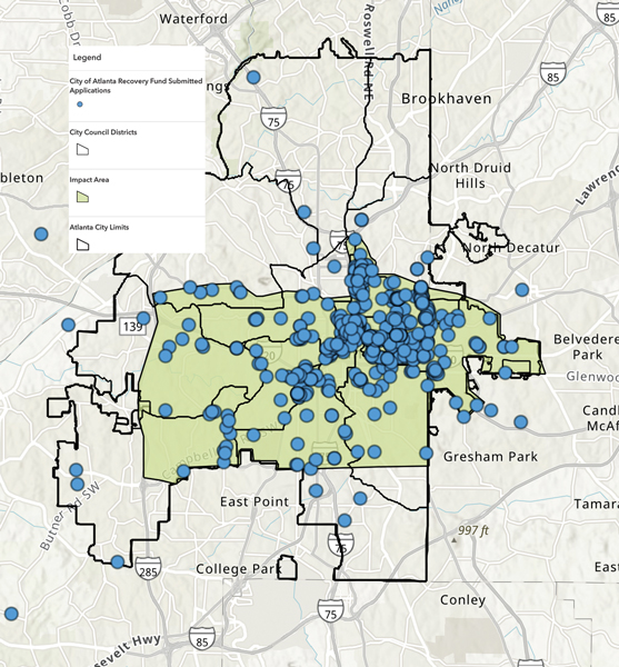 A map of Atlanta showing blue dots representing submitted applications for the City of Atlanta Recovery Fund, with most dots densely clustered within a large green area.