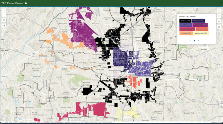 Map of Atlanta in the TAD Parcel Viewer showing Tax Allocation Districts highlighted in different colors. The legend labels the Beltline TAD in black, Eastside TAD in dark blue, and Westside TAD in purple.