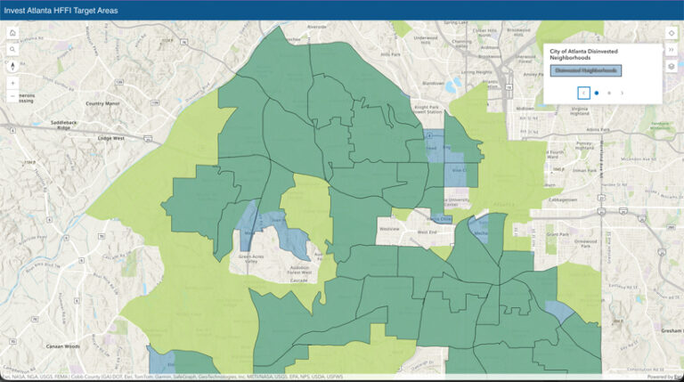 A map of Atlanta titled "Invest Atlanta HFFI Target Areas." Neighborhoods are highlighted in teal, light green, and blue. A legend shows that some highlighted areas are labeled as "City of Atlanta Disinvested Neighborhoods."