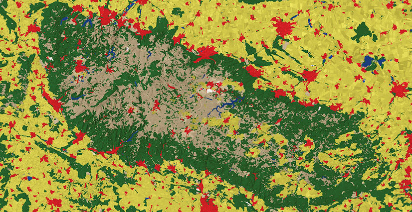 A land-cover map with large areas of yellow, dark green, and light brown, and smaller patches of red and blue.