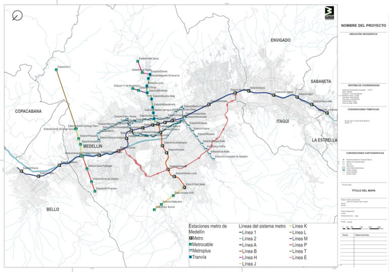 A transit map of the Medellín metro system in Colombia, showing colored lines for Metro, Metrocable, Metroplus, and Tranvía routes over a map of Medellín and nearby municipalities. All stations are labeled in Spanish.
