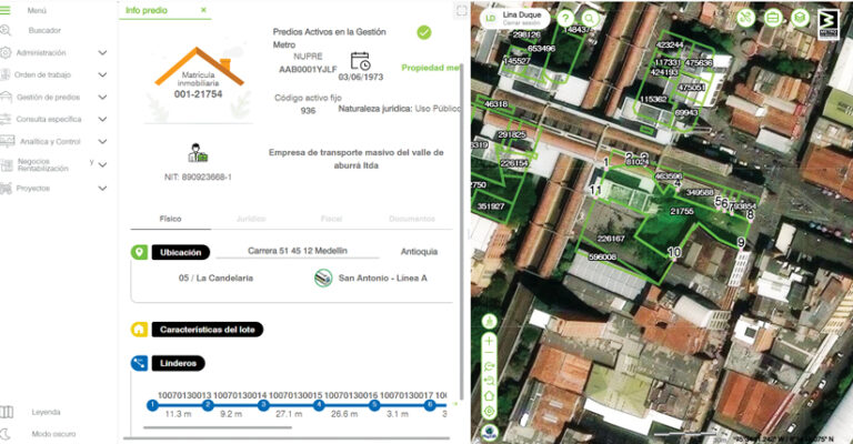 A screenshot of a property management software interface. The left panel shows a Spanish menu and detailed property information; the right panel displays a satellite map with property lots highlighted in green.