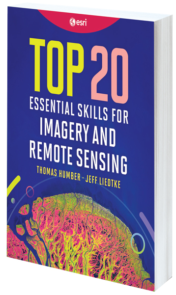 A blue book cover with neon neural networks shows at the bottom under the title Top 20 Essential Skills for Imagery and Remote Sensing