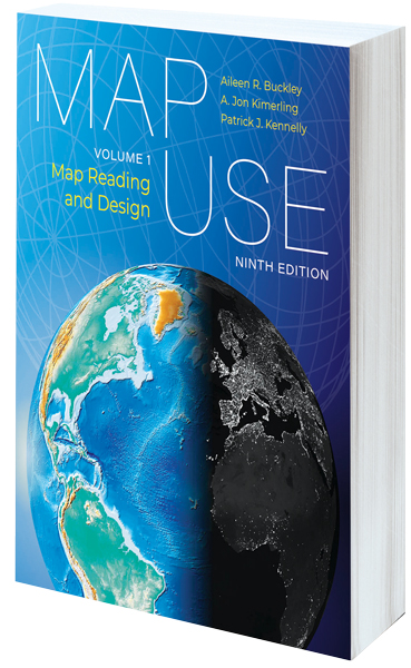 A blue book cover with a textured globe showing the Americas in daylight and Europe and Africa in night under the title, Map Use: Map Reading and Design, Volume 1, Ninth Edition