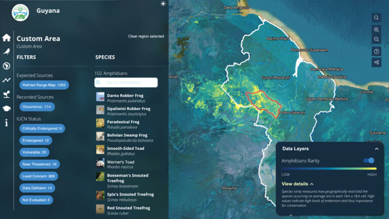 Screenshot of a biodiversity data platform showing a control panel with filters for 102 amphibians on the left and a map of Guyana on the right.