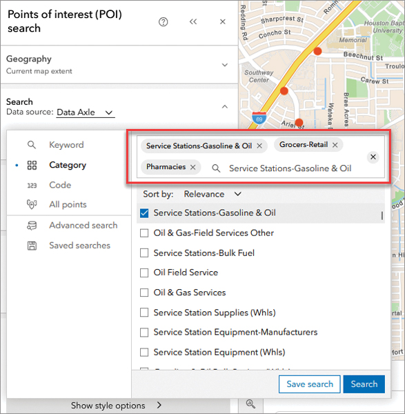 A screenshot of a Points of Interest search tool with the search bar showing the selected category: "Service Stations—Gasoline & Oil."