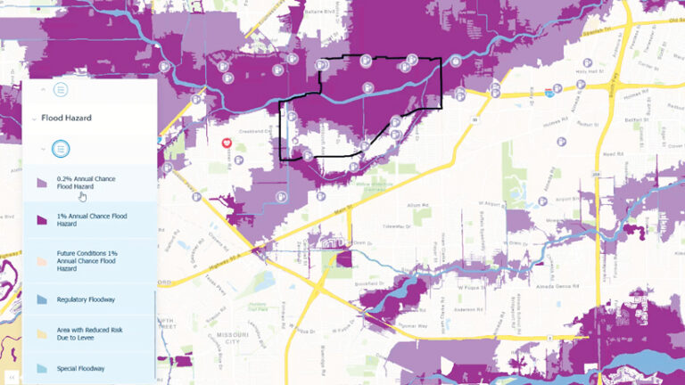 A digital flood hazard map with a legend on the left. A cursor selects the "0.2 percent Annual Chance Flood Hazard" option. Purple shading marks flood risk areas, and one region is outlined in black.