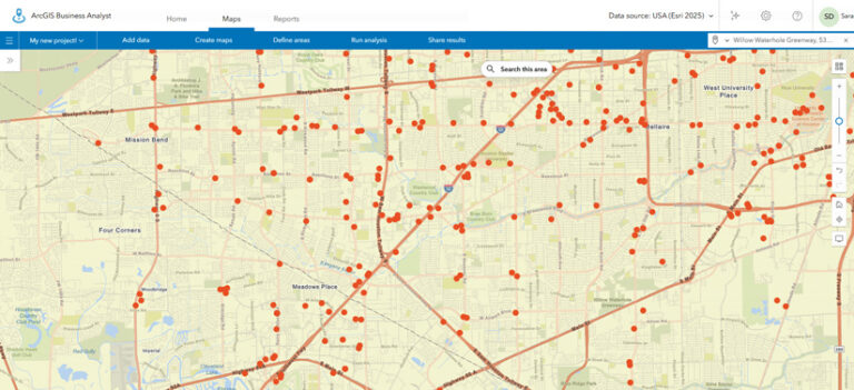 A map in ArcGIS Business Analyst showing streets, highways, and multiple red data point dots across the area.