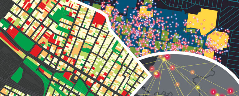 A collage of three maps: a city grid with color-coded blocks, a nighttime map with glowing data points, and a network map with connected nodes.