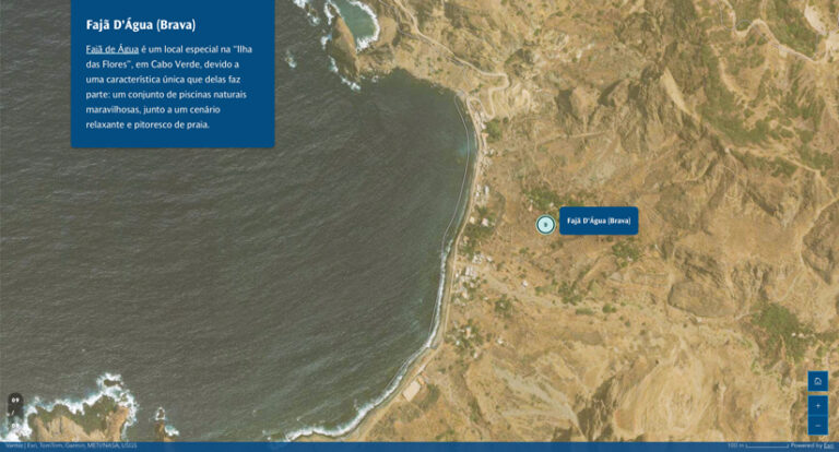 Within an ArcGIS StoryMaps story layout, an aerial map of Fajã D'Água, Brava, showing a dry, hilly coastline meeting the sea. A blue info box is in the top left, and a location pin marks "Fajã D'Água (Brava)."