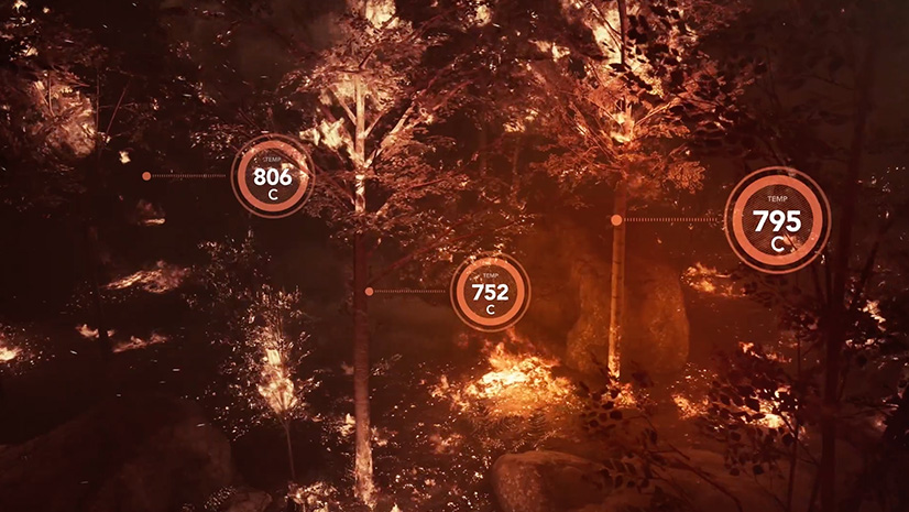 Trees on fire overlaid with temperature gauges showing how hot the fire is in celsius