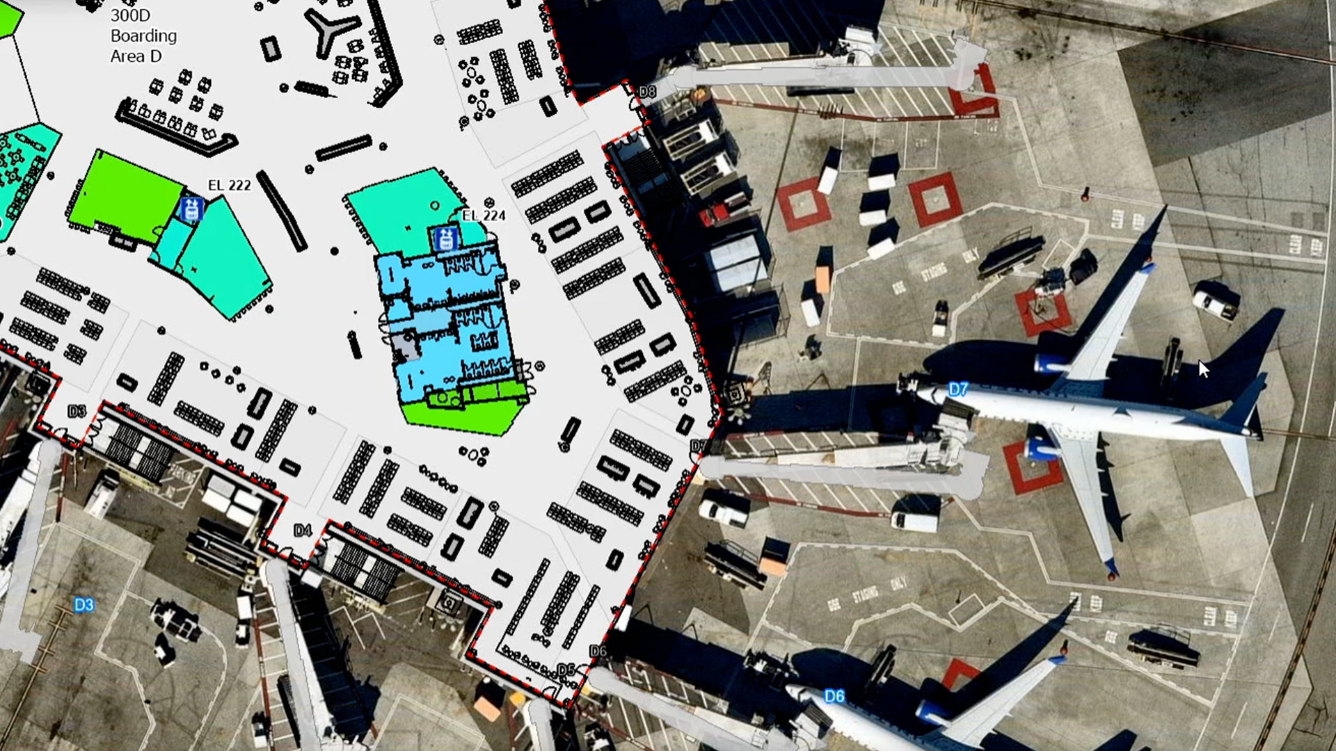An aerial view of an airport gate surrounded by airplanes, overlaid with infrastructure data
