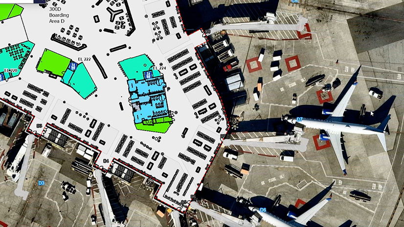 An aerial view of an airport gate surrounded by airplanes, overlaid with infrastructure data