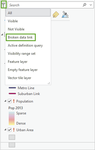 A snippet of ArcGIS Pro with the words broken data link highlighted in a green box