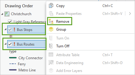 A snippet of ArcGIS Pro showing bus stops and routes as broken layers with a red exclamation point