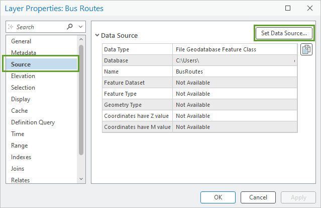 A bus routes property layer in ArcGIS Pro