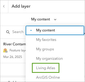 An add layer pane with Living Atlas highlighted in a green box