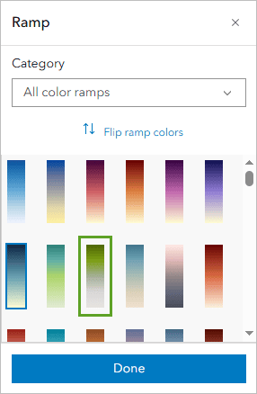 The color ramp option selected with various color ramps displayed