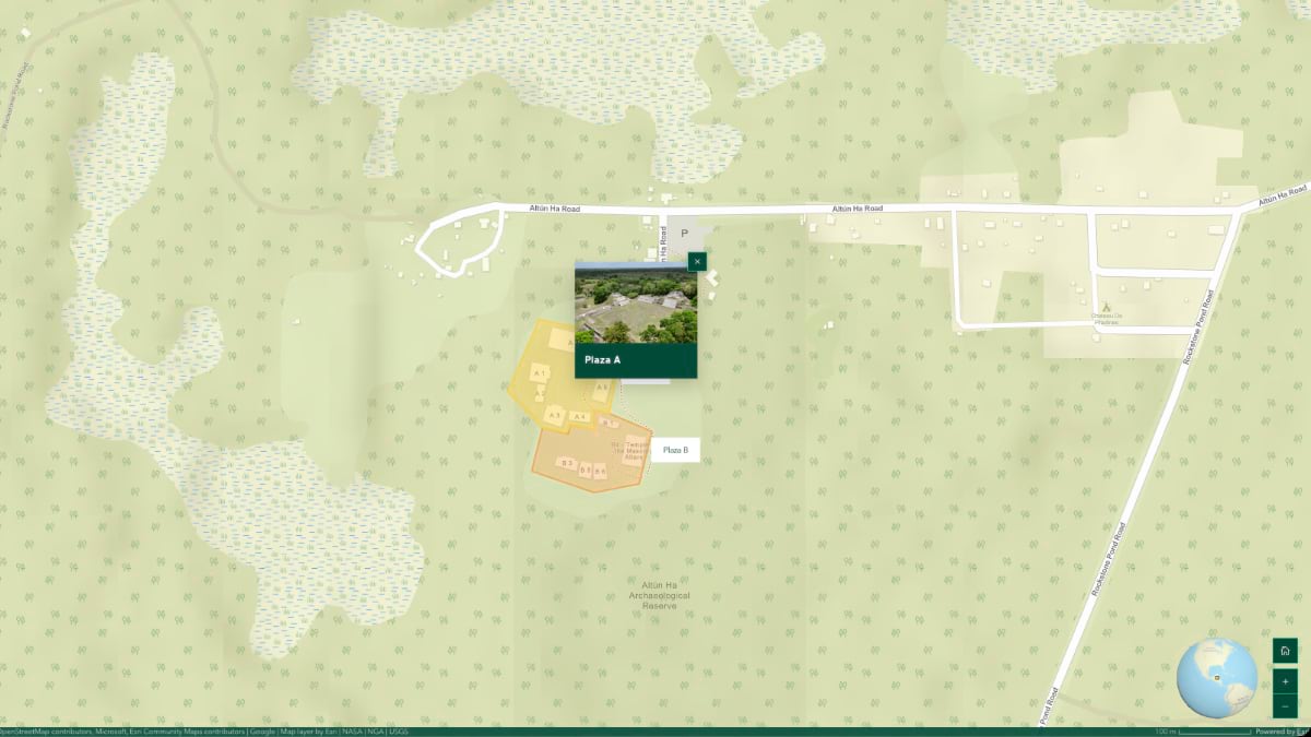 rcGIS map showing Altun Ha's Plaza A and Plaza B, with a popup image and labeled structures over a light basemap.