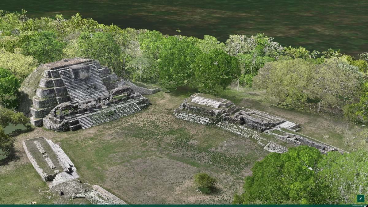 Aerial point cloud visualization of Altun Ha's Temple of the Masonry Altars, surrounded by jungle canopy, with detailed stone terracing visible.