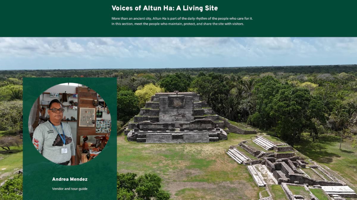 ArcGIS StoryMap screenshot titled "Voices of Altun Ha: A Living Site," showing tour guide Andrea Mendez in a circular portrait beside an aerial temple view.