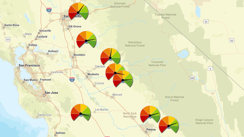 A web map of reservoir locations with several multicolored guage symbols