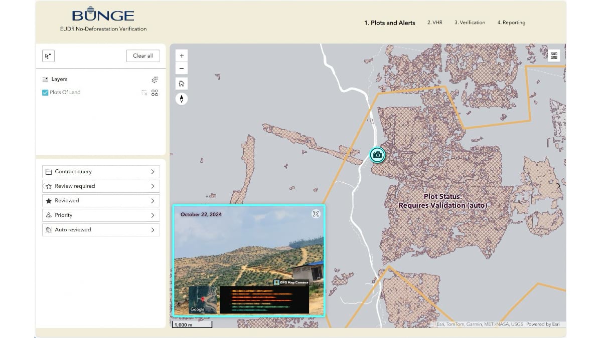 Screenshot of Bunge's EUDR verification dashboard showing mapped land plots with alert status and a linked field photo.