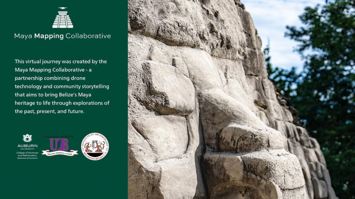 Title slide for the Maya Mapping Collaborative StoryMap, featuring partner logos and a close-up of ancient carved stone masonry.