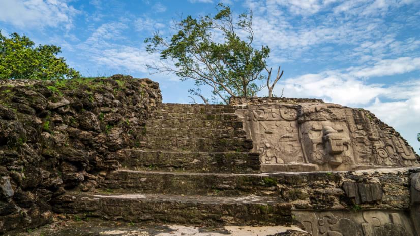 Looking up a stone staircase at Cerro Maya, with elaborate carved glyphs and a deity face on the right side panel under a blue sky.