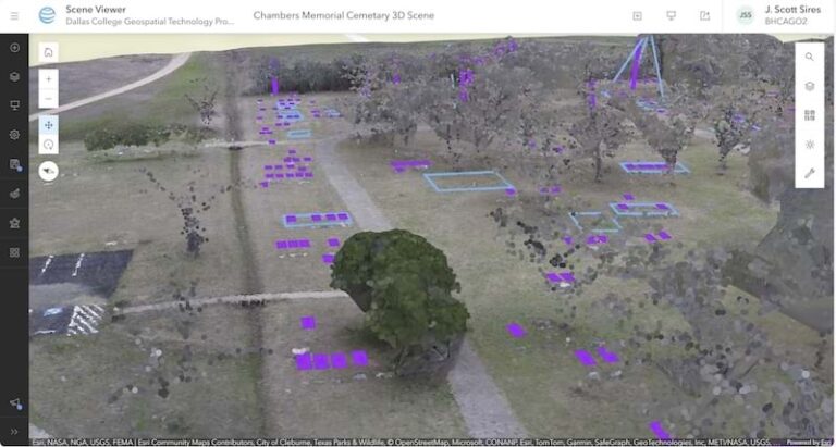 3D scene of Chambers Memorial Cemetery in Cleburne, Texas